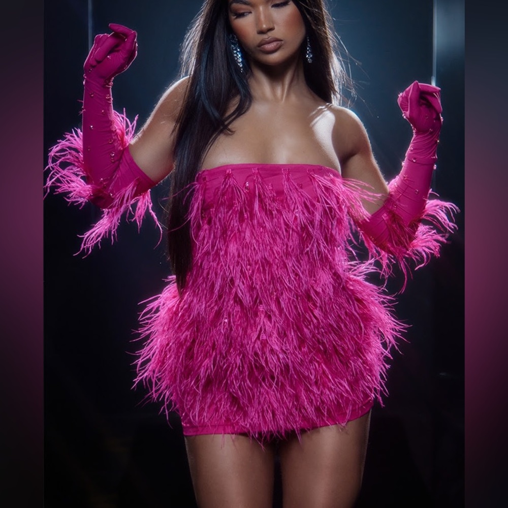 Premium Pink Feather Bandeau Glove Detail Bodycon Dress